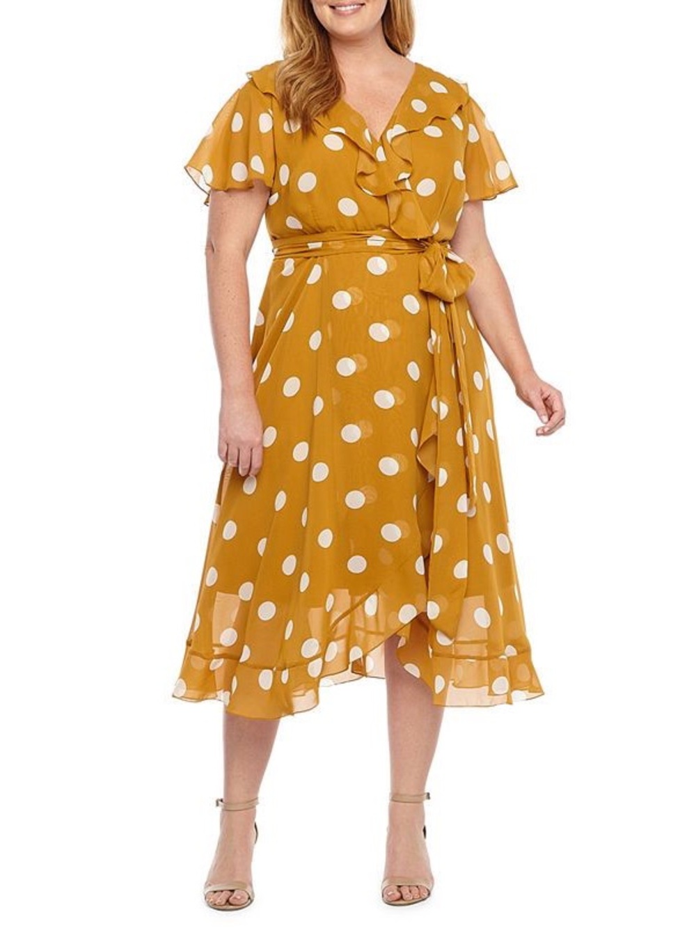 Danny & Nicole Mustard Yellow Polka Dot Wrap Midi Dress